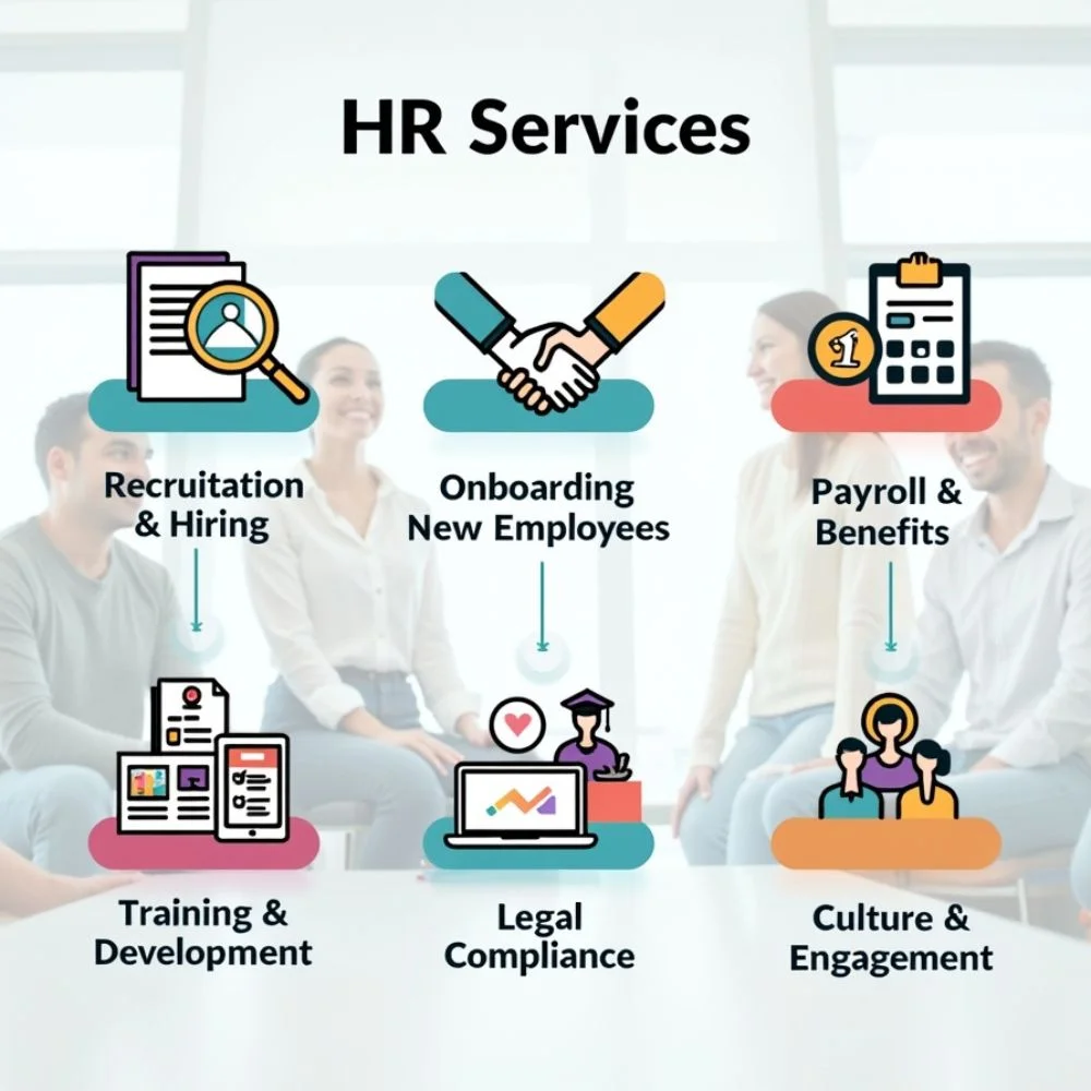  Infographic showing six types of HR services including hiring, onboarding, payroll, training, legal compliance, and employee engagement.
