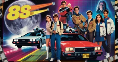 Collage of iconic 80s movies scenes and characters with retro neon style.