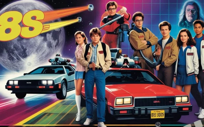 Collage of iconic 80s movies scenes and characters with retro neon style.
