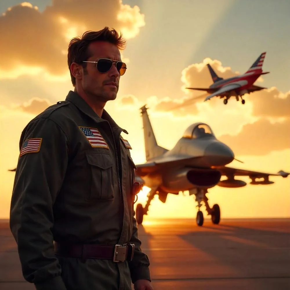 Pilot in flight suit with fighter jet flying at sunset. 