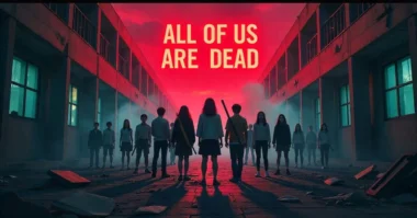 Poster-style image showing teenage survivors with weapons standing in a ruined school, with zombies creeping from shadows under a red sky for Season 2.