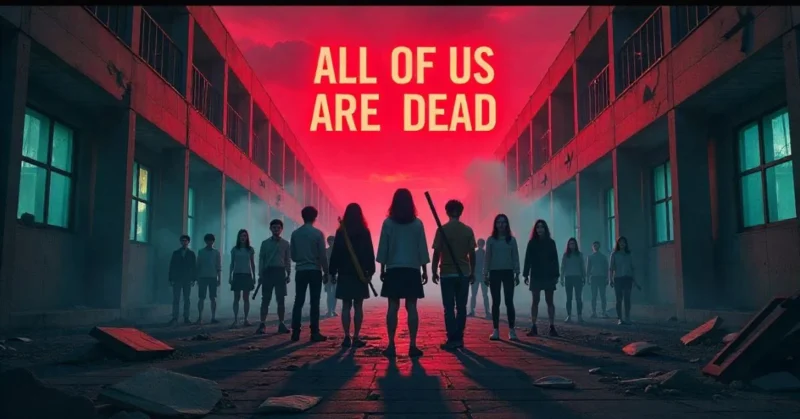 Poster-style image showing teenage survivors with weapons standing in a ruined school, with zombies creeping from shadows under a red sky for Season 2.