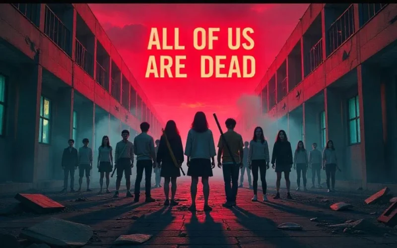Poster-style image showing teenage survivors with weapons standing in a ruined school, with zombies creeping from shadows under a red sky for Season 2.