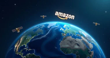 Image of Earth from space with Amazon logo and orbiting satellites representing Project Kuiper satellite internet