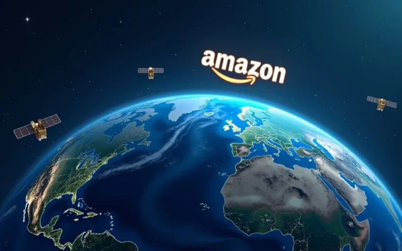 Image of Earth from space with Amazon logo and orbiting satellites representing Project Kuiper satellite internet
