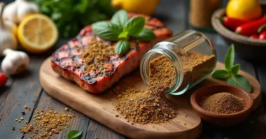 Seasoning mix sprinkled on grilled food with fresh herbs around.