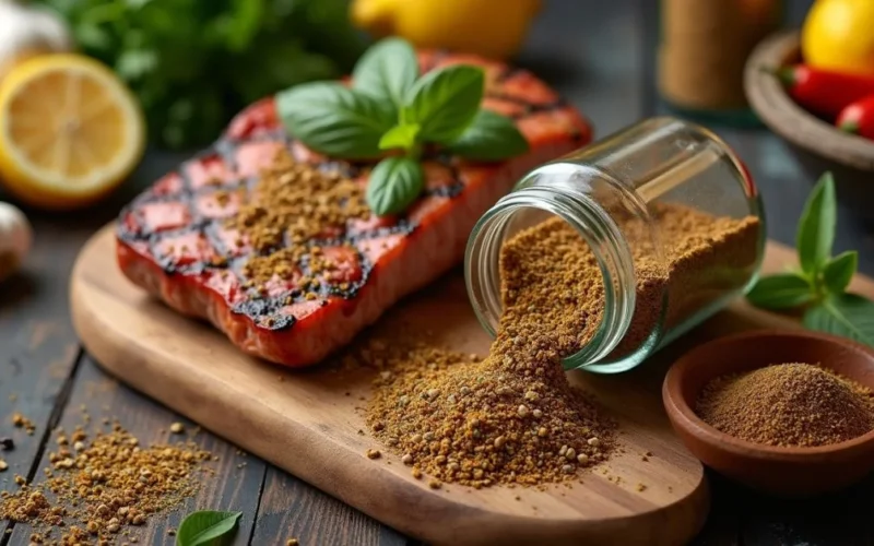 Seasoning mix sprinkled on grilled food with fresh herbs around.