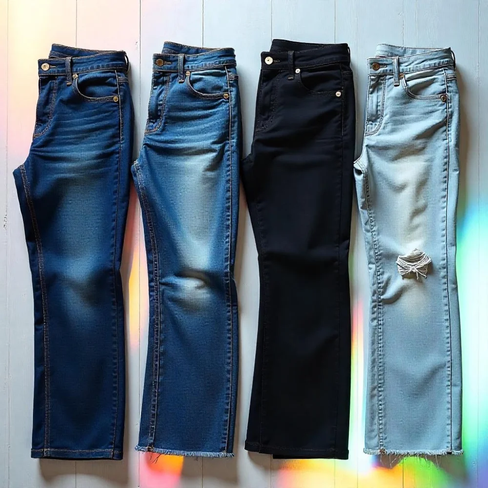 Image of Different washes of men’s boot cut jeans including blue, black, grey, and distressed denim.