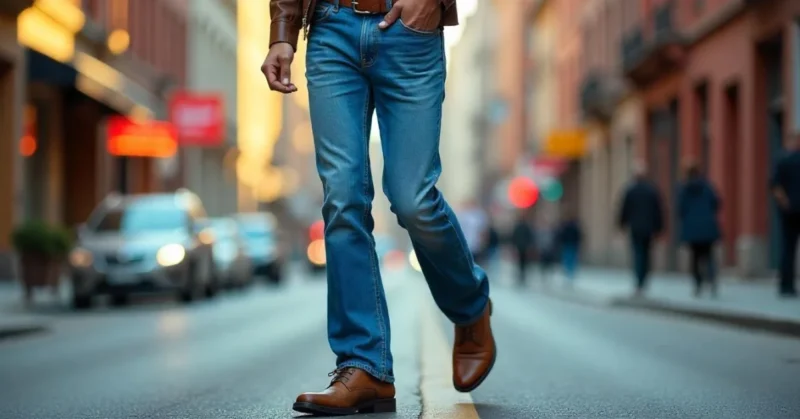 Image of Man wearing boot cut jeans styled with boots on a city street.