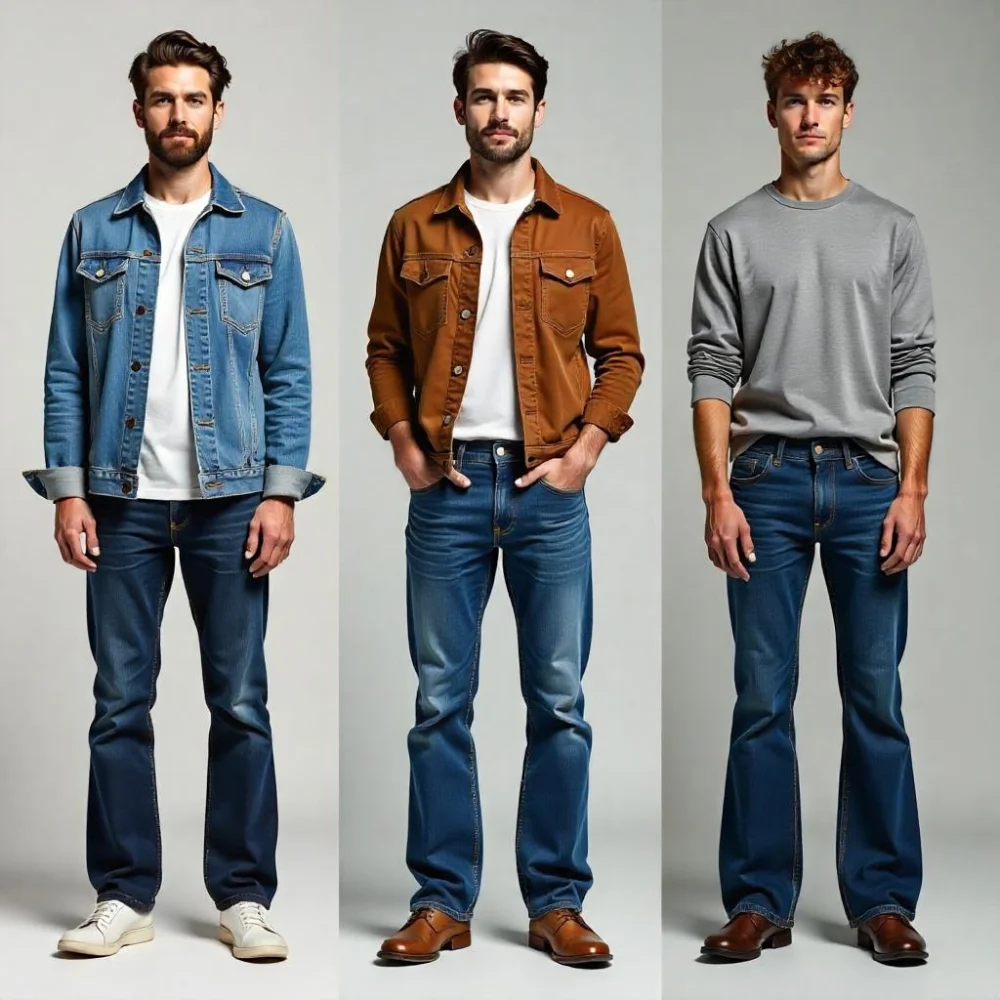 Image of Comparison of boot cut, straight cut, and flared jeans for men showing differences in leg shape.
