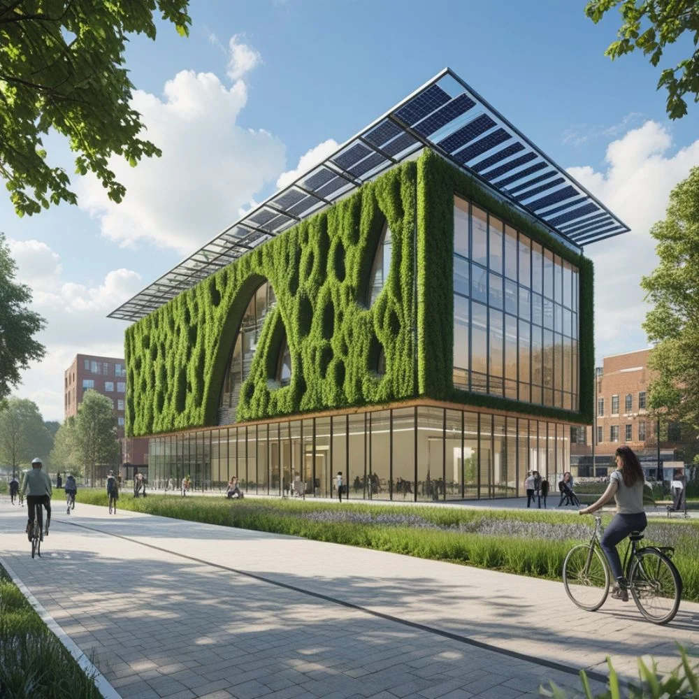 Eco friendly civic building with green walls, solar panels, and cyclists on a clean urban path. 