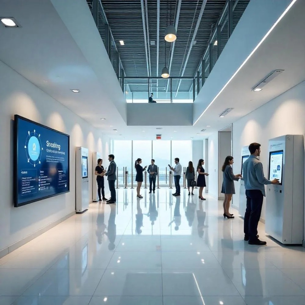High tech civic centre lobby with digital kiosks and people using touchscreen services. 