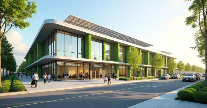 Brent Civic Centre exterior with solar panels, green walls, and a modern, pedestrian-friendly street.