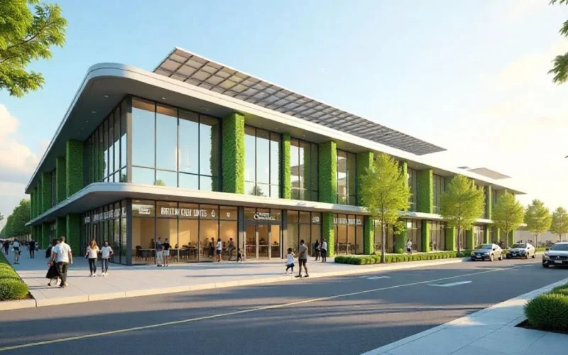 Brent Civic Centre exterior with solar panels, green walls, and a modern, pedestrian-friendly street.
