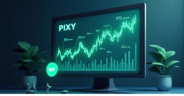 Image of Pixy stock chart rising with AI, TurboScale keywords, gig icons
