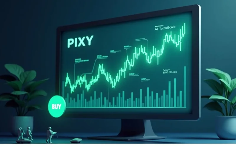 Image of Pixy stock chart rising with AI, TurboScale keywords, gig icons