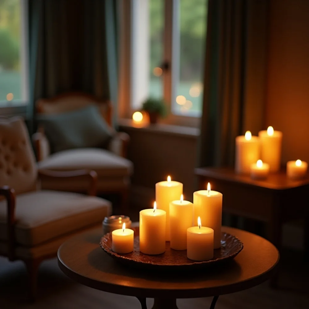 Image of A warm, inviting room showing candles in small zone on a side table, layered for depth and ambiance.