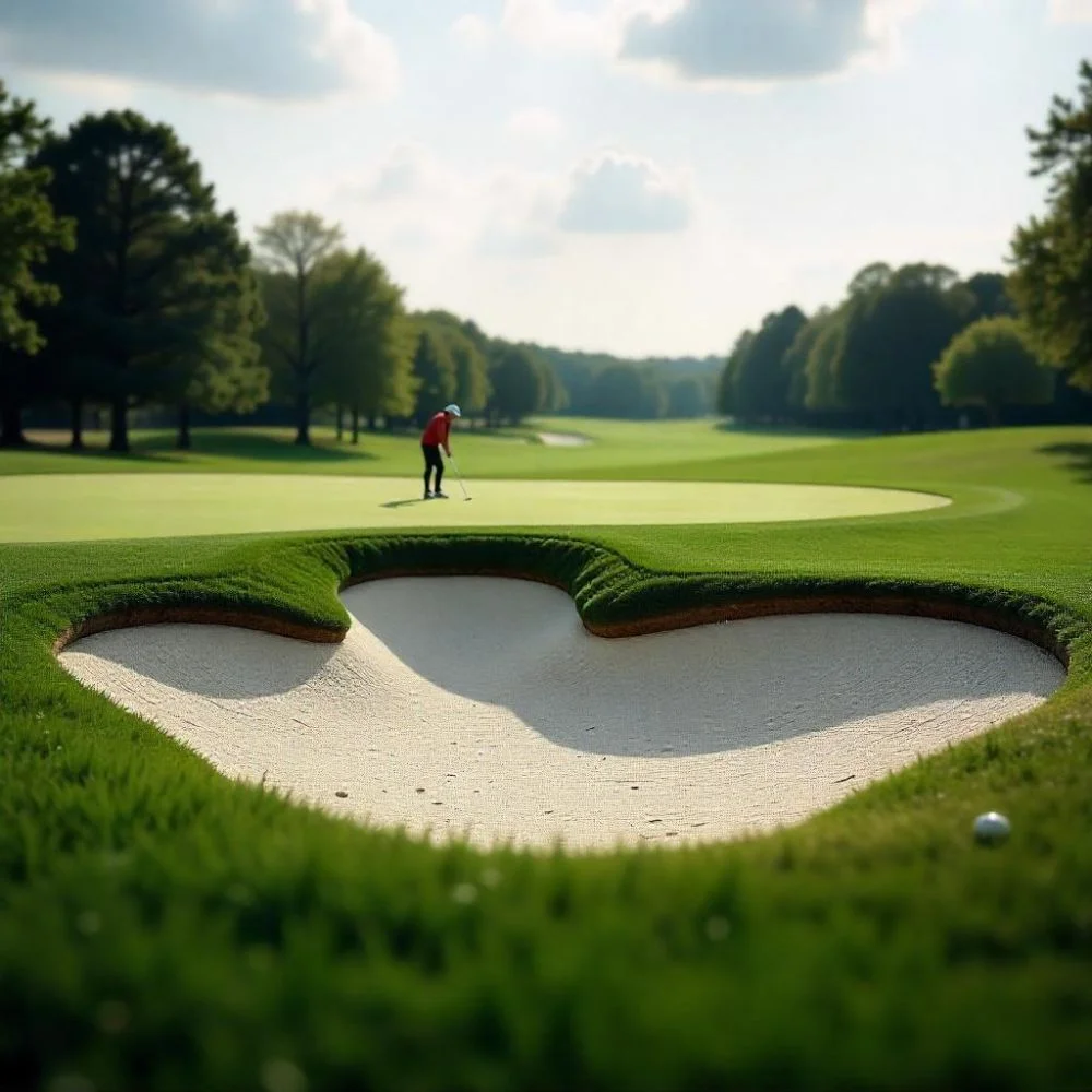 Close-up of Oakmont’s Church Pew bunkers as a golfer lines up a shot. 