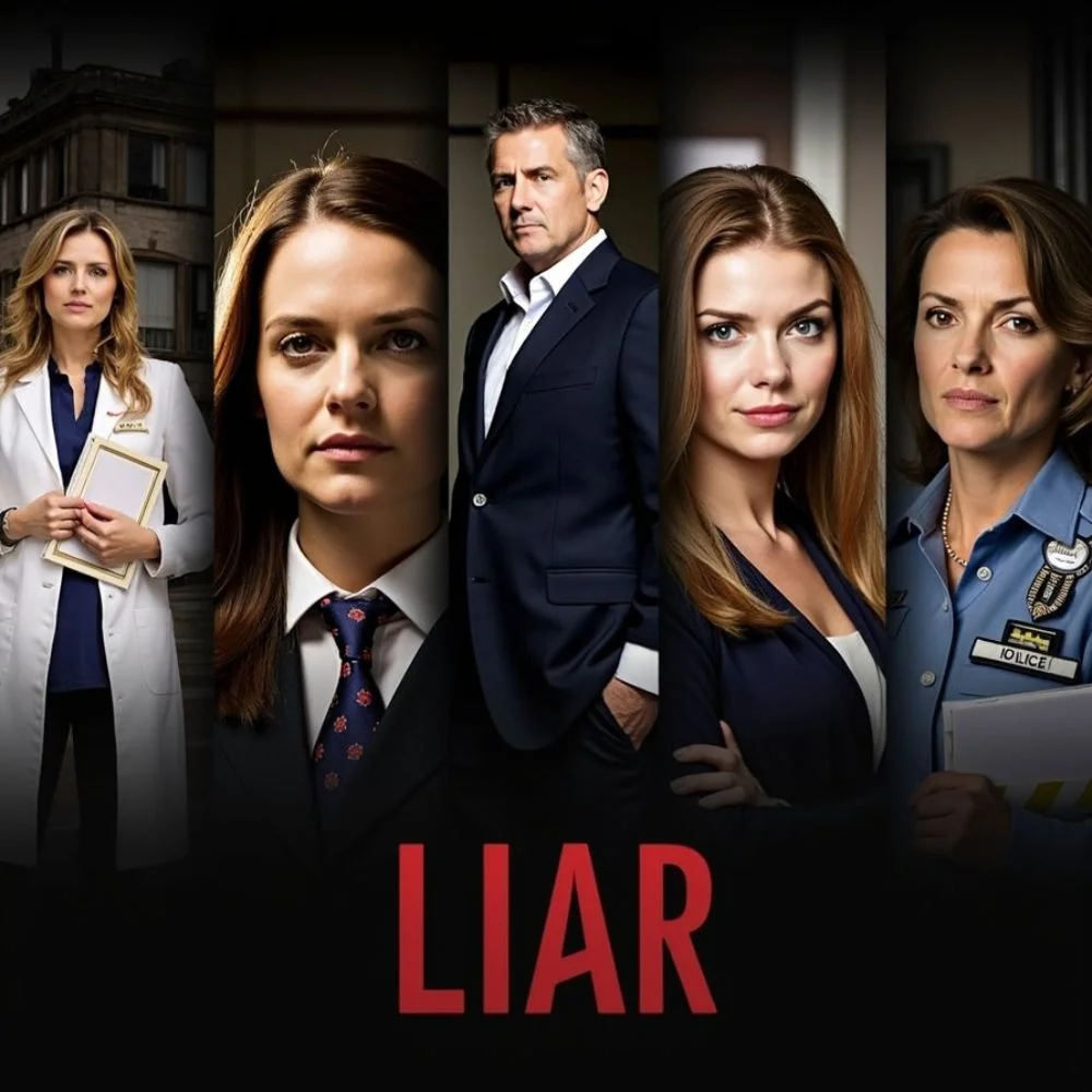 Image of Main characters from Liar TV show in a tense, dramatic scene. 