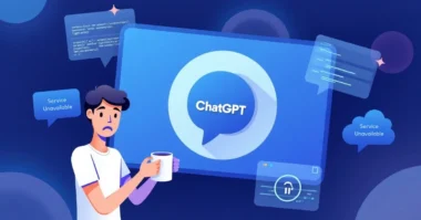 Image of ChatGPT screen showing a service error while a confused user waits, surrounded by digital AI elements.