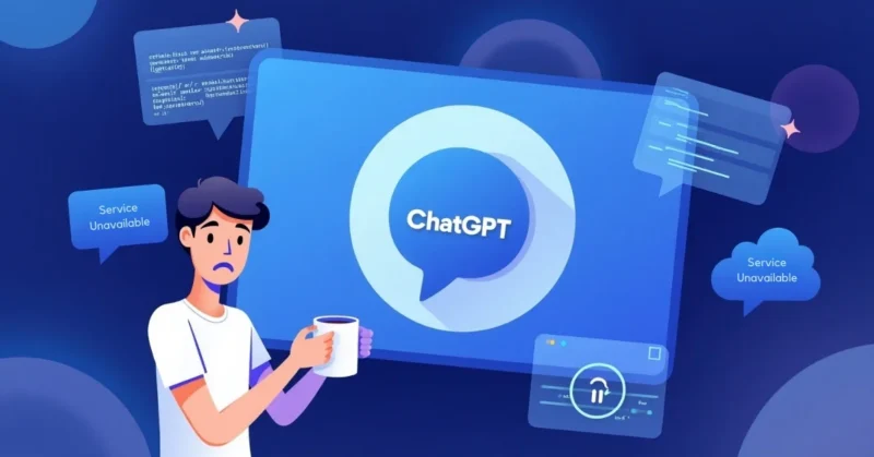 Image of ChatGPT screen showing a service error while a confused user waits, surrounded by digital AI elements.