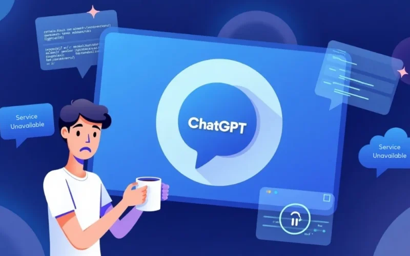 Image of ChatGPT screen showing a service error while a confused user waits, surrounded by digital AI elements.