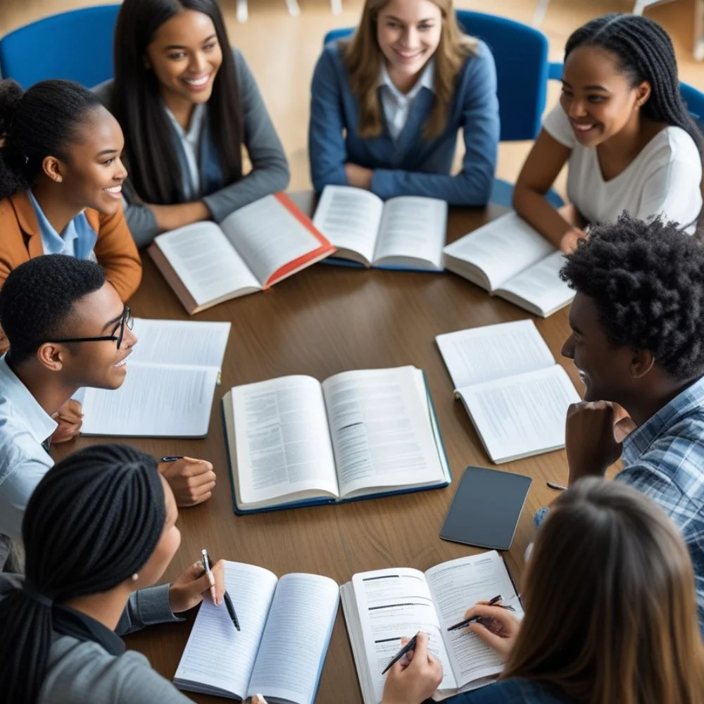 "Students sharing ideas and learning together in a group discussion" 