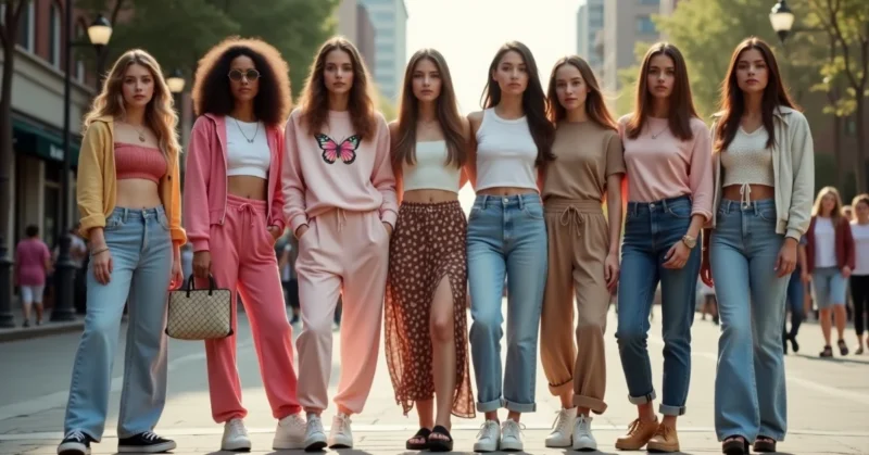 Image of Group of people wearing iconic 2000s fashion trends in a modern setting.