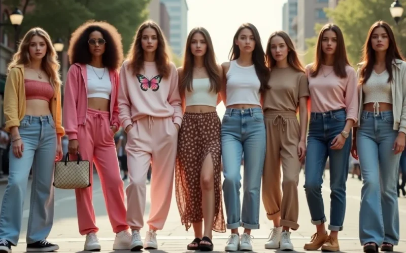 Image of Group of people wearing iconic 2000s fashion trends in a modern setting.
