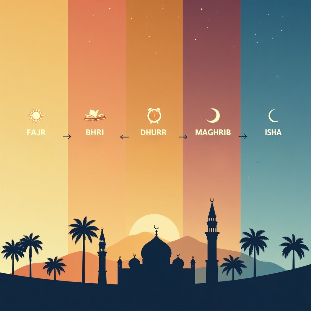 Image of Timeline of Fajr to Isha prayer times in Los Angeles with icons and city skyline