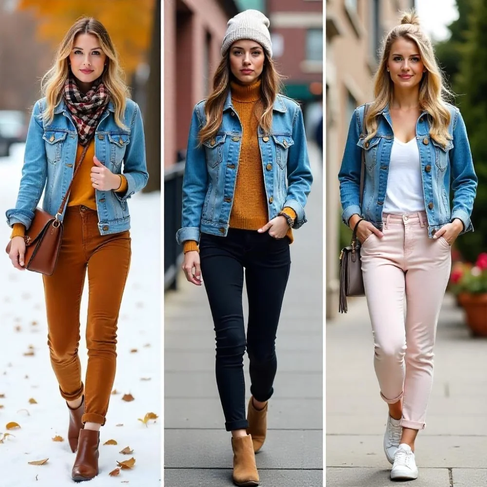 Images of Denim jacket styled for fall, winter, and spring outfits.