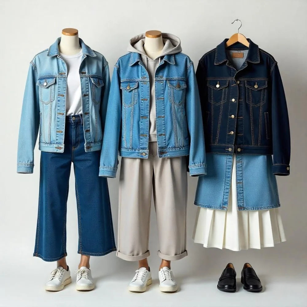 Image of Different denim jacket styles and colors showing fit, cut, and details.