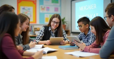 Image of Students of different cultures learning together in a modern classroom.