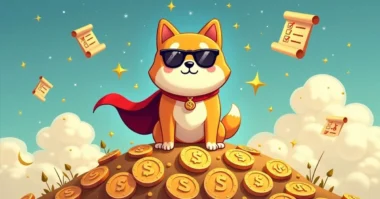 Cartoon-style Doge character wearing sunglasses and cape standing on Dogecoins with quest scrolls, stars, and sparkles in a fun treasure-hunt setting