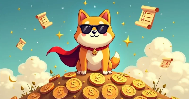 Cartoon-style Doge character wearing sunglasses and cape standing on Dogecoins with quest scrolls, stars, and sparkles in a fun treasure-hunt setting