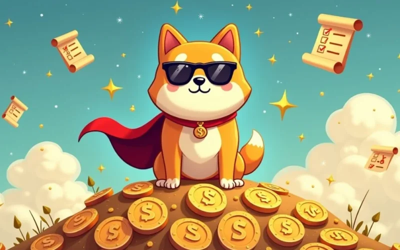 Cartoon-style Doge character wearing sunglasses and cape standing on Dogecoins with quest scrolls, stars, and sparkles in a fun treasure-hunt setting