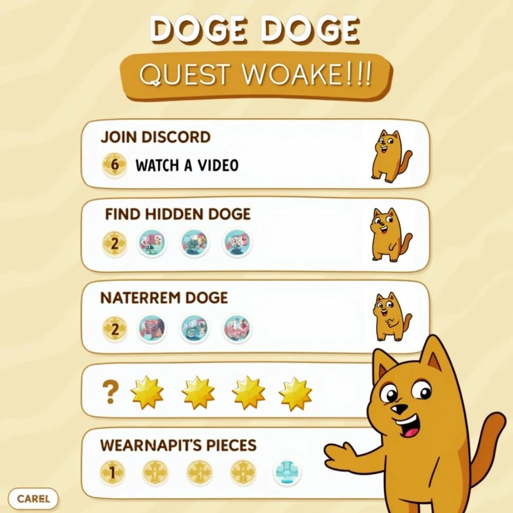 Game-style Doge quest board showing tasks like join Discord, watch a video, and find hidden Doge with icons for badges, coins, and puzzles, and Doge pointing with a paw 