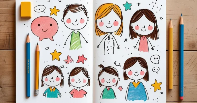 “Sketchbook with simple cartoon people and doodles.” Select 93 more words to run Humanizer.