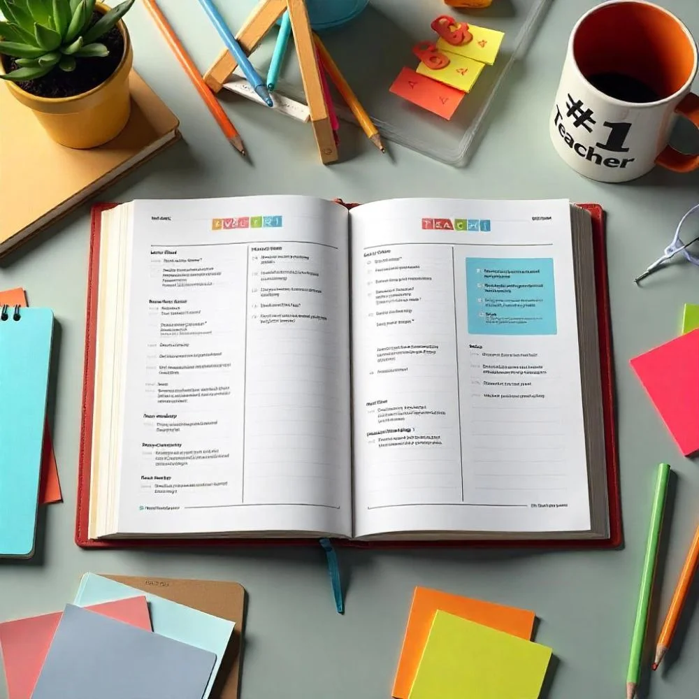 Flat lay of an educator’s handbook with lesson plans, classroom rules, and teaching tools. 