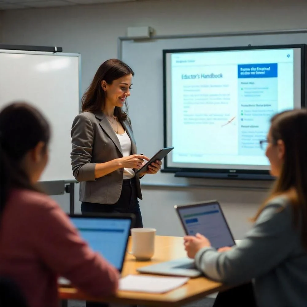Teacher using tablet of educators handbook and smartboard with students on laptops in a tech-enabled classroom. 