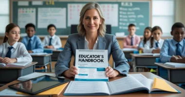 Teacher using an educator's handbook for lesson planning and classroom management in a well-organized classroom.