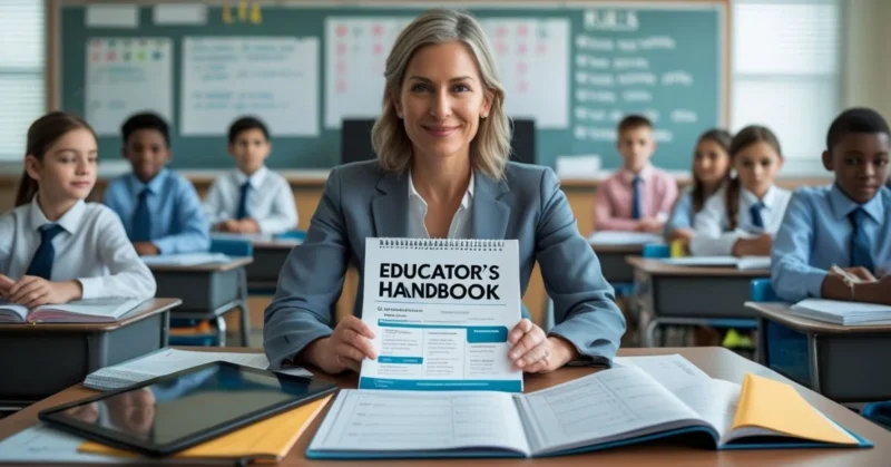 Teacher using an educator's handbook for lesson planning and classroom management in a well-organized classroom.