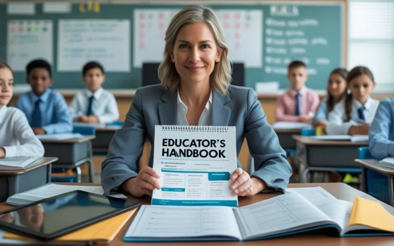 Teacher using an educator's handbook for lesson planning and classroom management in a well-organized classroom.