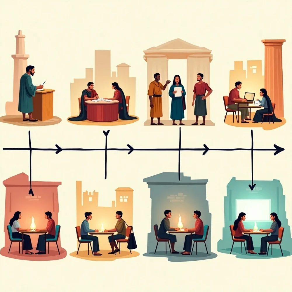 Image of A visual timeline showing the evolution of education from ancient civilizations to modern classrooms.