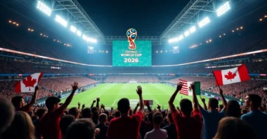 Images of Football World Cup 2026 cstadium lights with fans and flags