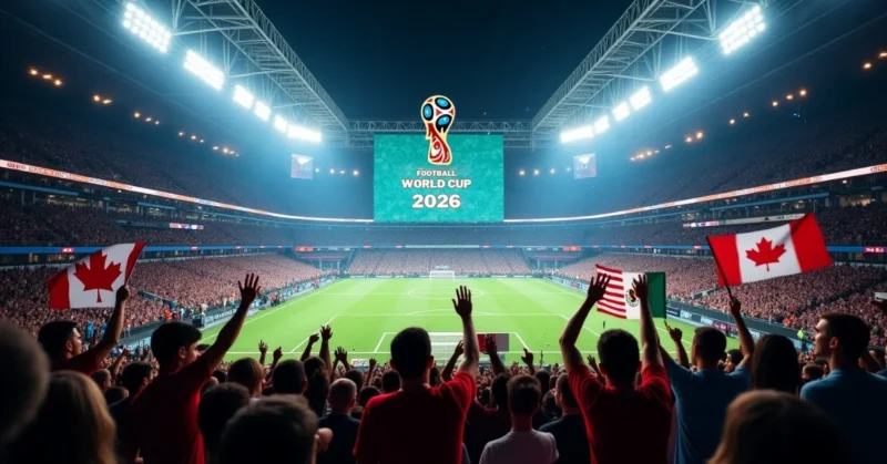 Images of Football World Cup 2026 cstadium lights with fans and flags