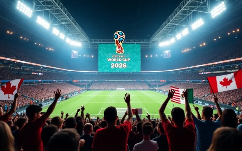 Images of Football World Cup 2026 cstadium lights with fans and flags