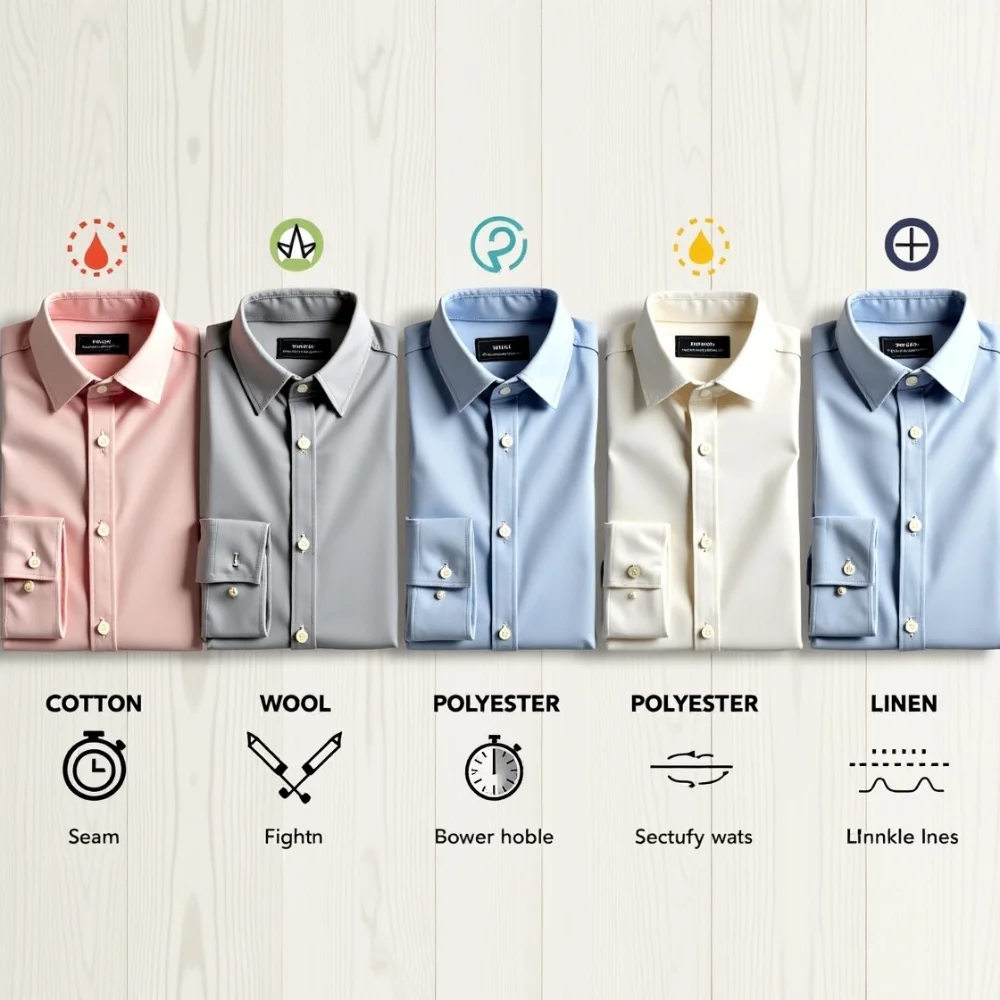 Image of Shirts made of cotton, wool, polyester, blend, and linen with heat reaction icons.