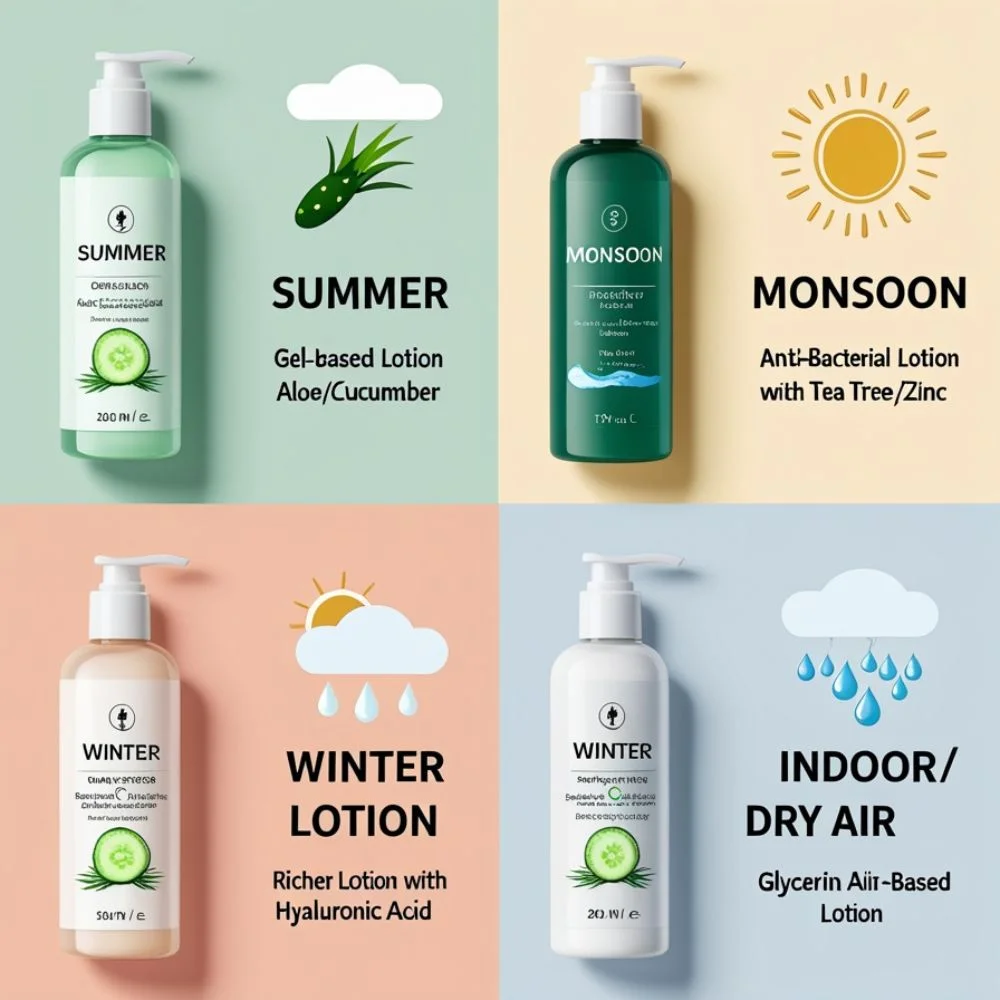 "Affordable face lotions for oily skin from drugstore brands arranged neatly." 
