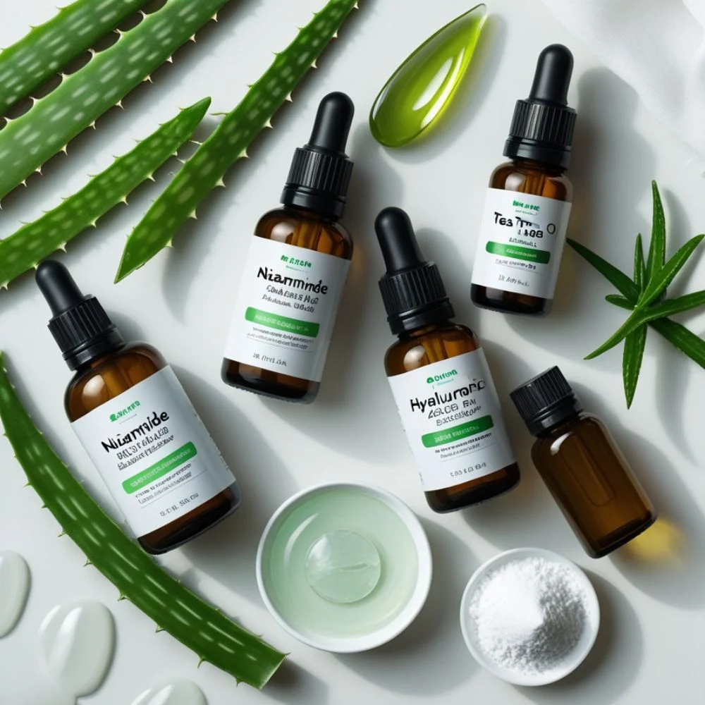 "Skincare ingredients for oily skin including niacinamide, tea tree oil, and aloe vera on white background." 